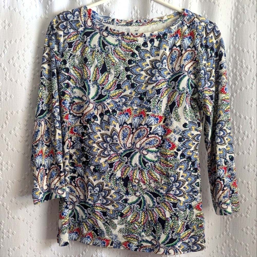 Talbots Women's Small Pima Cotton Paisley Print‎ 3/4 Sleeve Flowy Boatneck Top